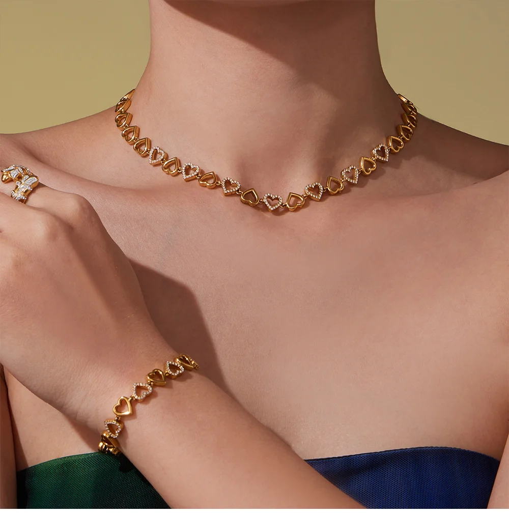 Herzförmige glänzende Zirkon-Kette, Halskette, goldenes Silber, Halsband für Damen, Edelstahl, vergoldetes Armband, Luxus-Schmuckset – Detail 5