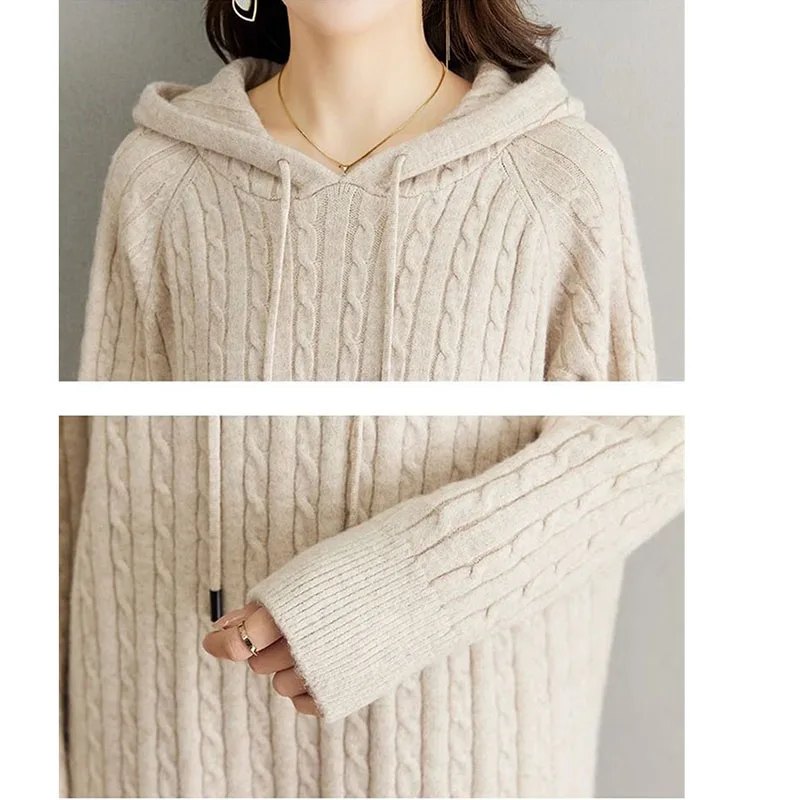 Gray Hooded Dress For Women Autumn And Winter New Loose Knit Sweater Base Hoodie Dress Knee Length Straight Tube Dress Pullover