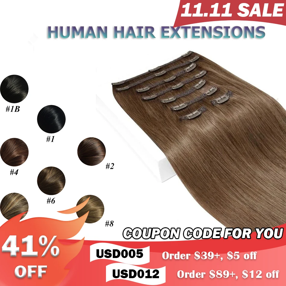 Clip In Hair Extensions #6 Chestnut Brown Double Weft Thick 120G 8Pcs Silky Straight Brazilian Human Hair Extensions hair extensions