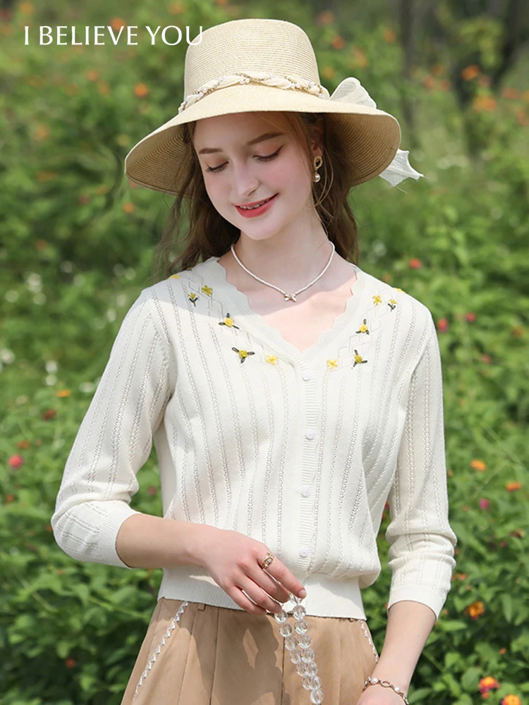 

I BELIEVE YOU French Women Knit Sweater 2024 Spring New Embroidery V-neck Retro Crochet Gentle Tops Fashion Female 2241145491