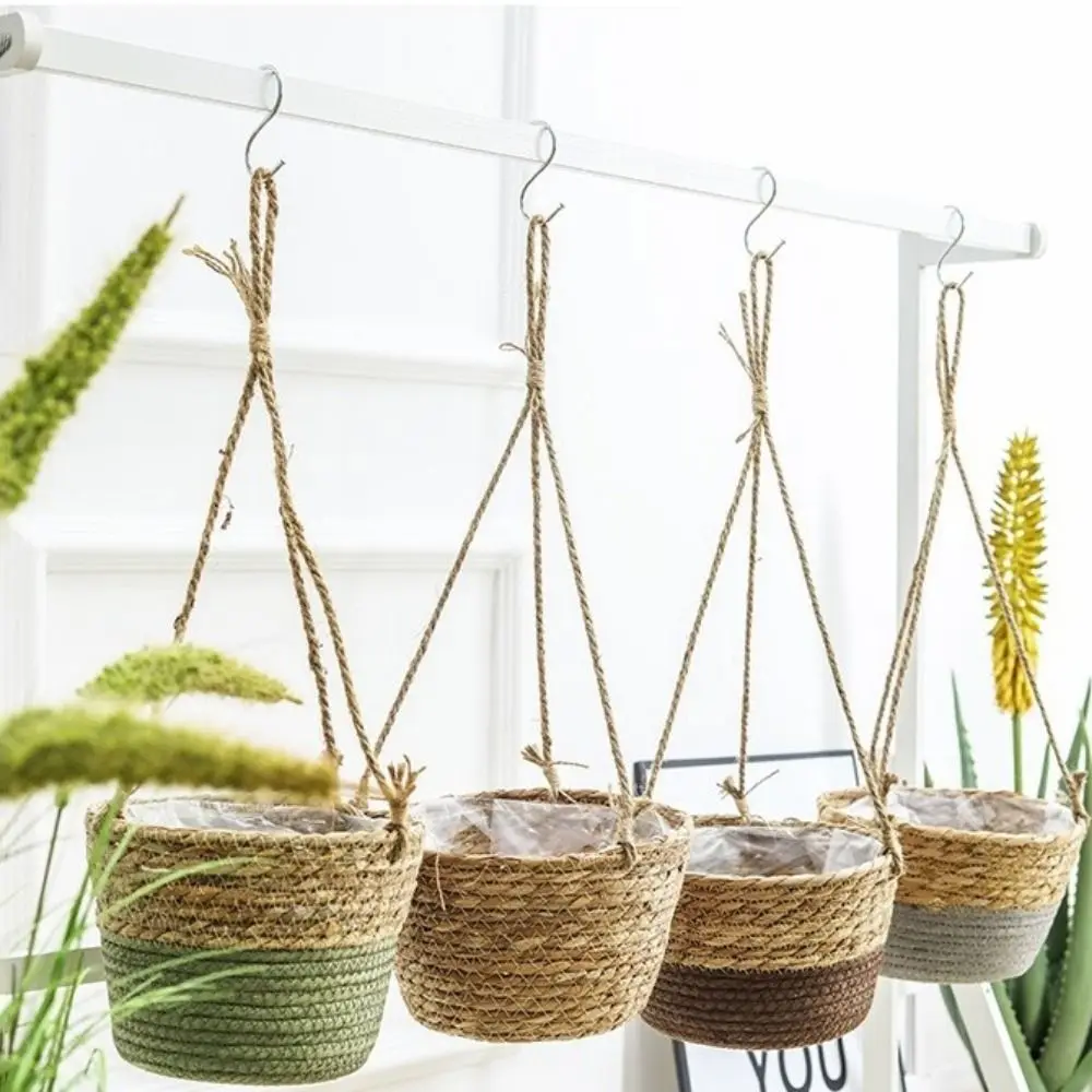 손으로 짠 밀짚 걸이 바구니 수제 장식 마크라메 식물 보관 바구니 방수 식물 보..