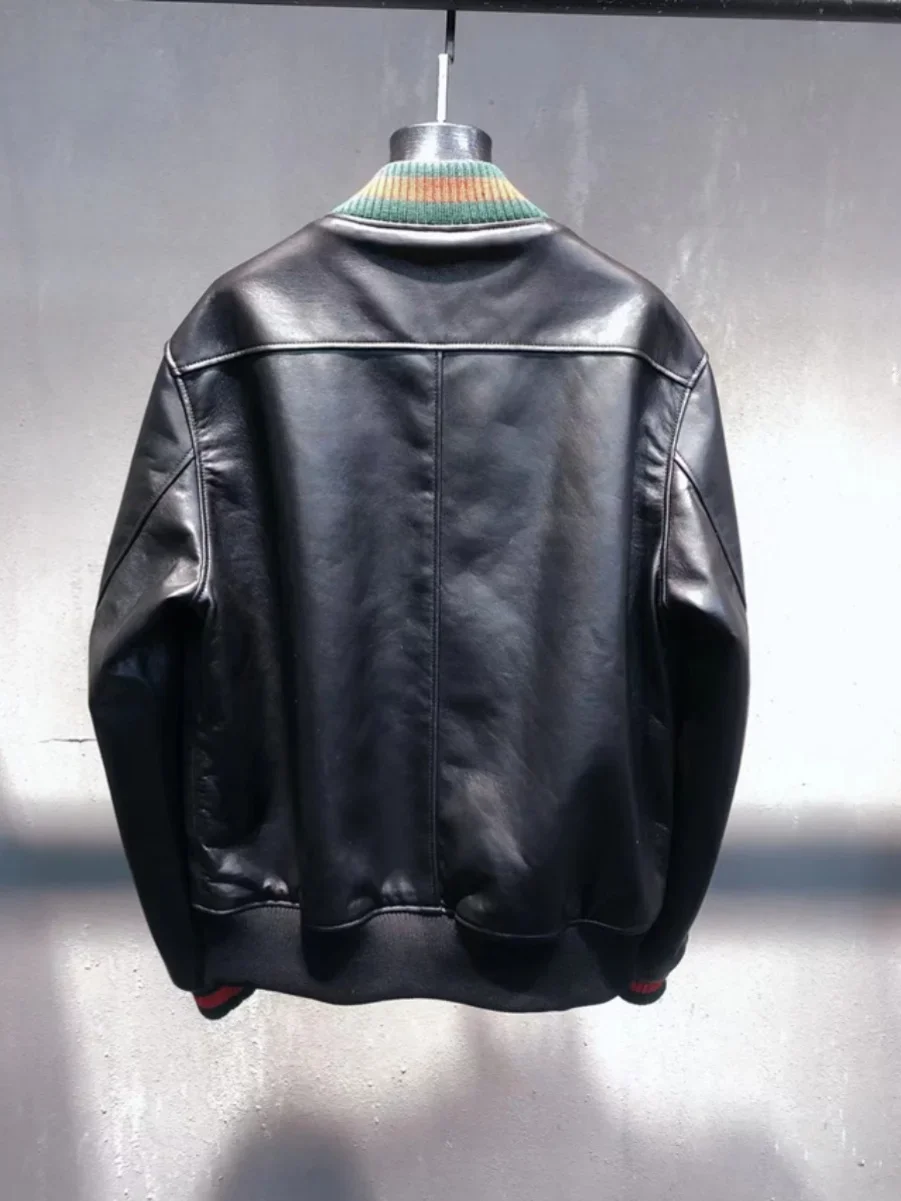 

New Imported Sheepskin Jacket Knitted Stand Collar Handsome Casual Men's Leather Jacket Men's Baseball Uniform