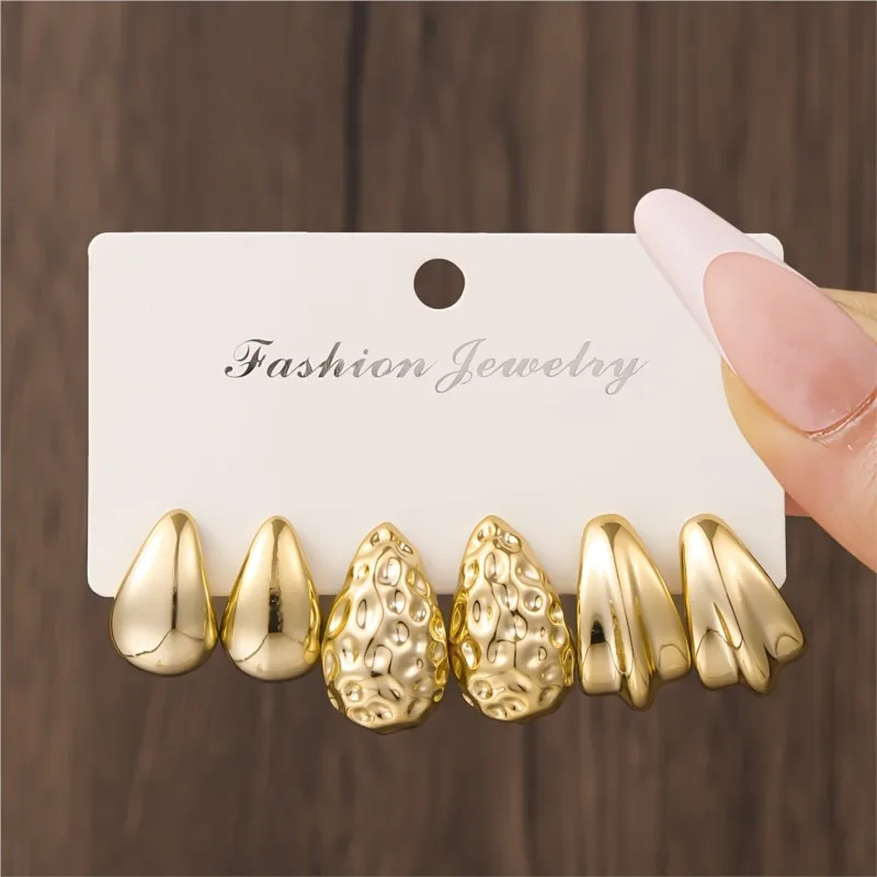 6/18pcs Retro Elegant CCB Stud Earring for Women Exaggerated Teardrop Creative Irregular Triangle Date Holiday Wear Ear Jewelry