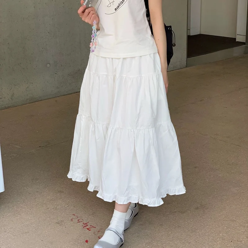 

Rimocy Korean Fashion White Long Skirt Women 2024 Summer High Waist Cake Skirts Woman Sweet Simple Loose A Line Skirts Laides