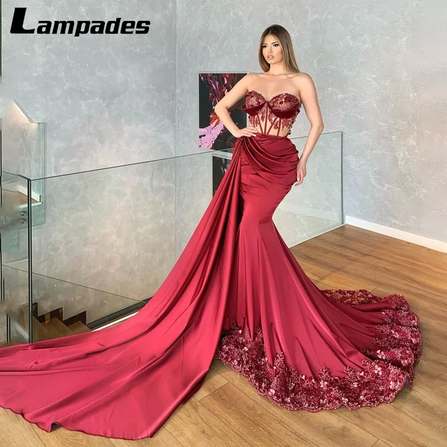 Off the Shoulder See Through Prom Dress Red Lace Applique Mermaid Evening Gowns Nigerian Lace Gown Styles Vestidos Invitada _ - Mobile