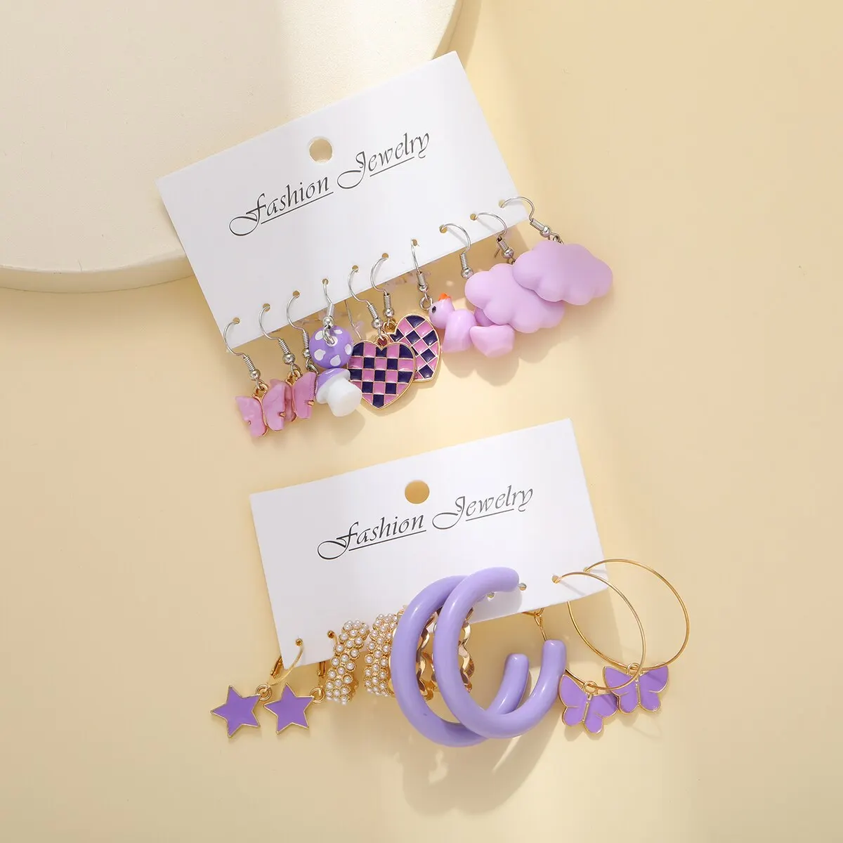 S40ec399a34ad4124a4f493fd17f9aa7de 10pcs Set of Ladies Earrings Purple Pentagram Creative Pearl Duck Mushroom Cartoon Earrings Mallzona