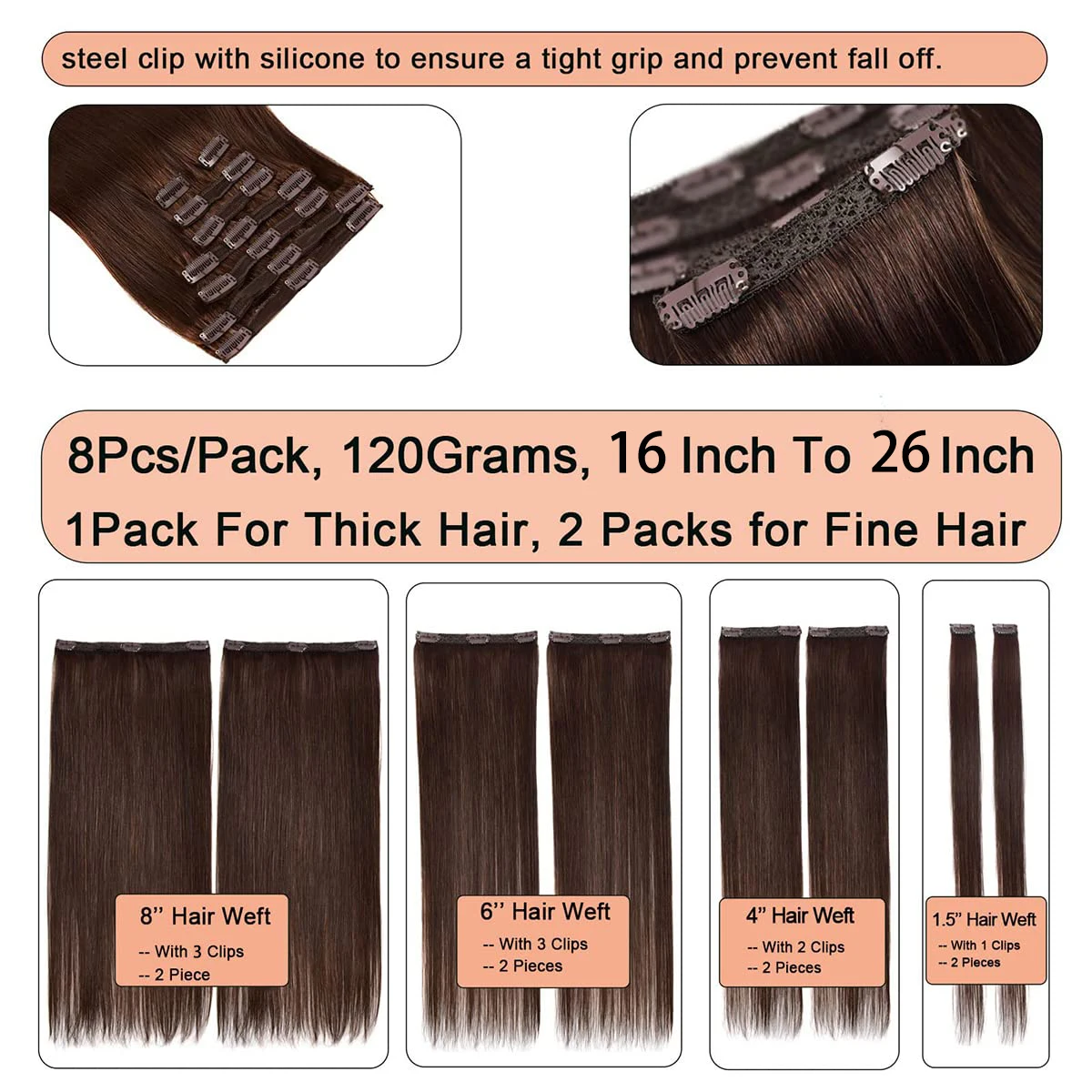 Hair Extensions Hair Extensions Clips Ins Human Hair Straight Real Human Extensions Clip In 120g 8 Pcs #2 Dark Brown Remy Clip 16-26IN