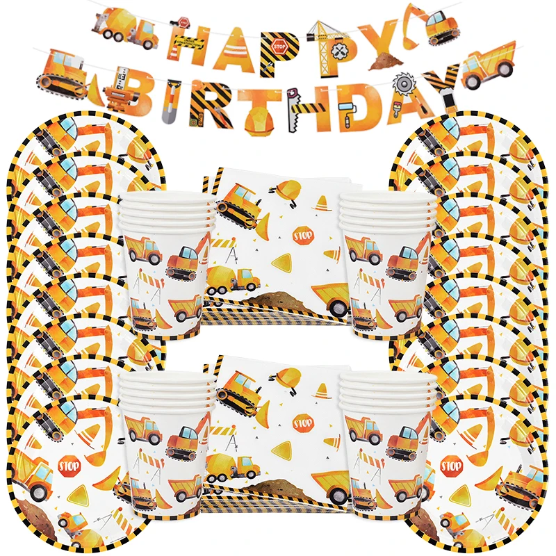 Construction Party Disposable Tableware Kids Boys Engineering Vehicle Theme Birthday Party Decorations Truck Balloon Supplies