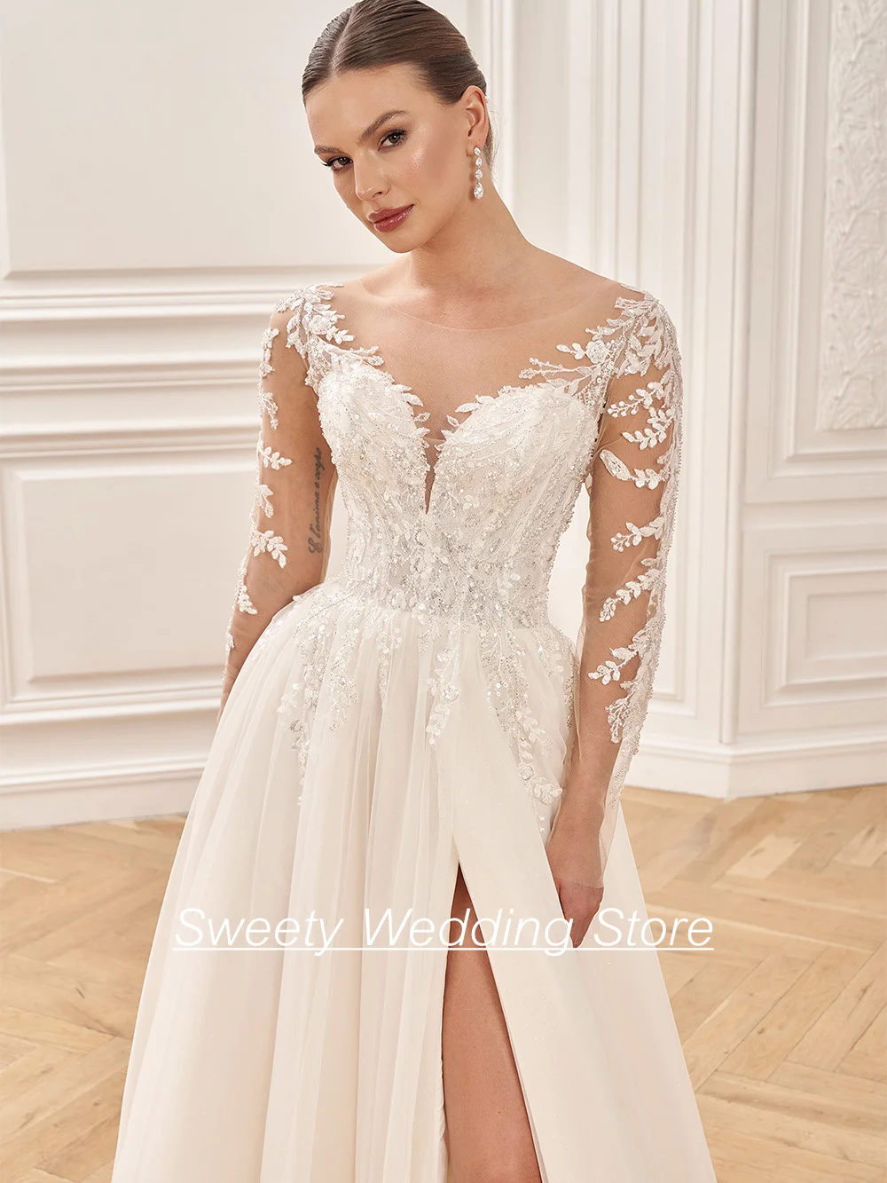 Vestidos De novia De media pantorrilla para novia, manga larga, cuello  redondo, apliques De tul, corte en A, 2024 - AliExpress, image size:1000x1333