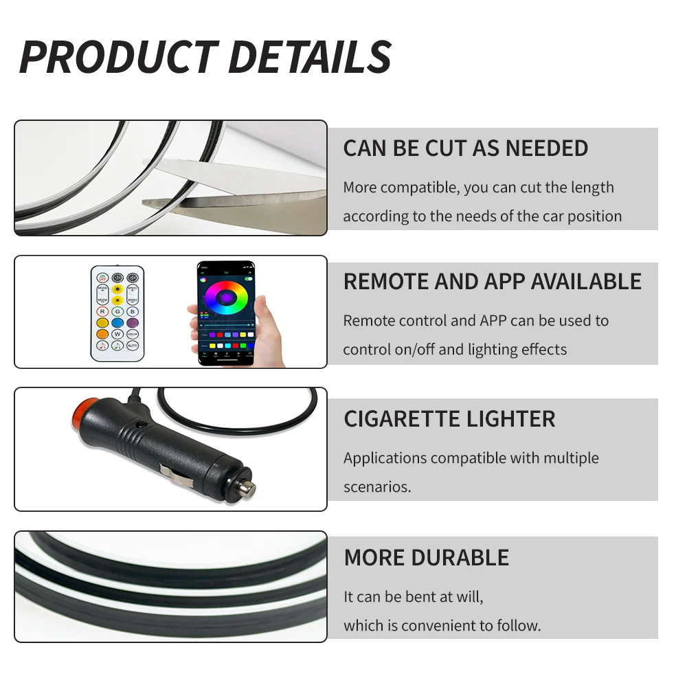 10 in 1 Car Acrylic Interior Neon Light 12V Symphony RGB Ambient Strips Decoration Lamp, 35.43&lsquo;&rsquo; Streamer Atmosphere Kit