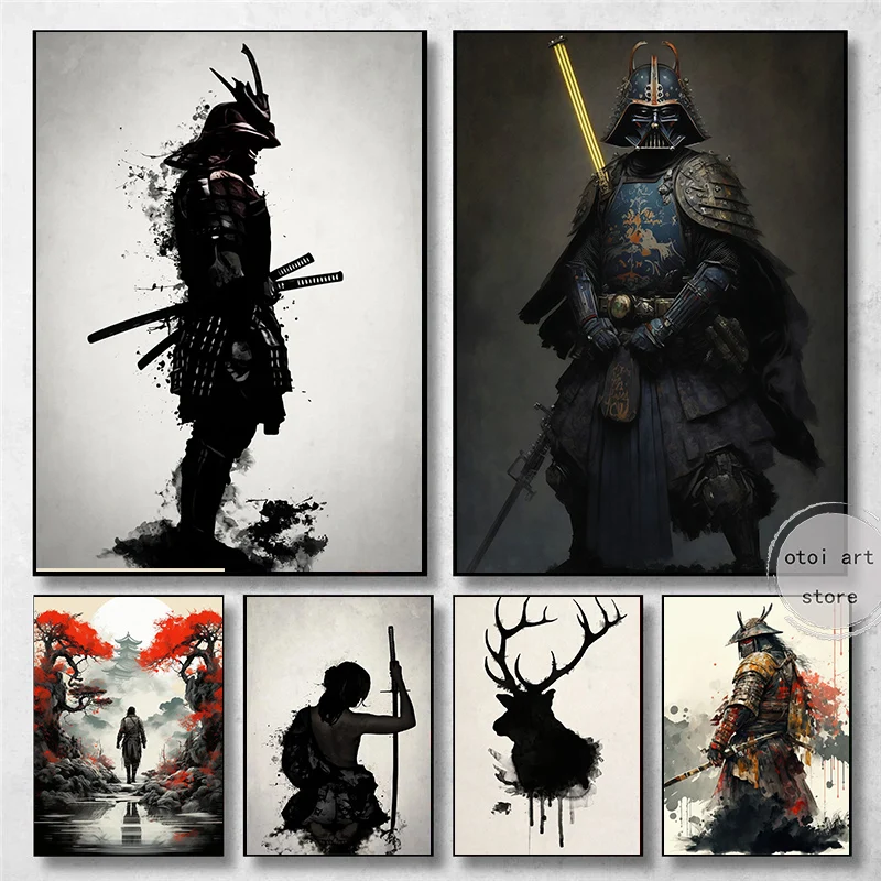 Giapponese Blindato Samurai Raven And Skull Elk Samurai Warrior Art Poster Canvas Painting Stampe Murali Immagine Per La Decorazione Domestica Della S