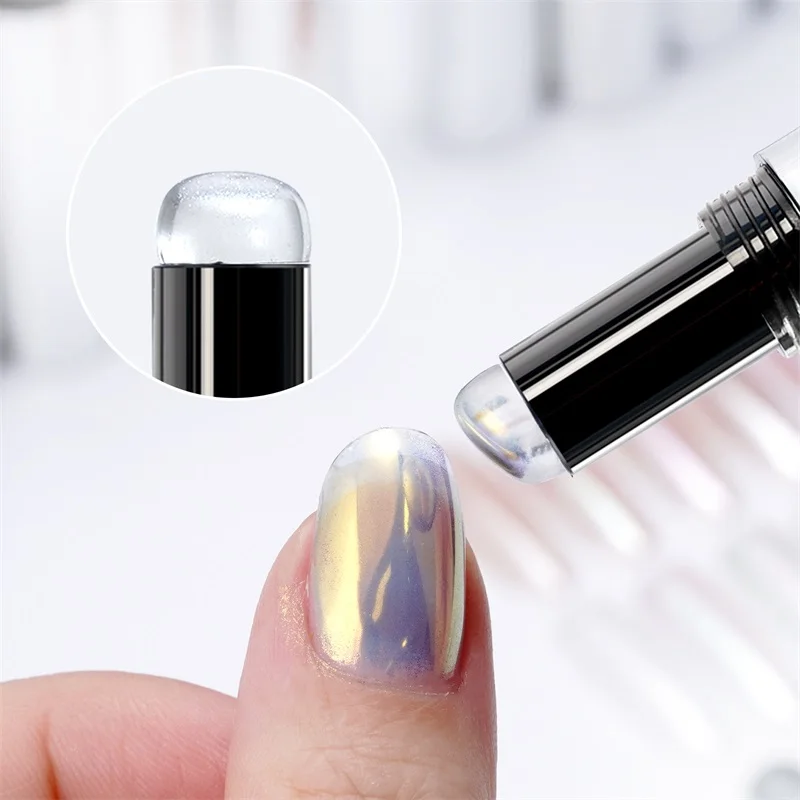 HNDO New Aurora Powder Air Cushion Magic Pen Silver Tube Mirror Chrome Effect for Nail Art Decoration Iridescent Pigment