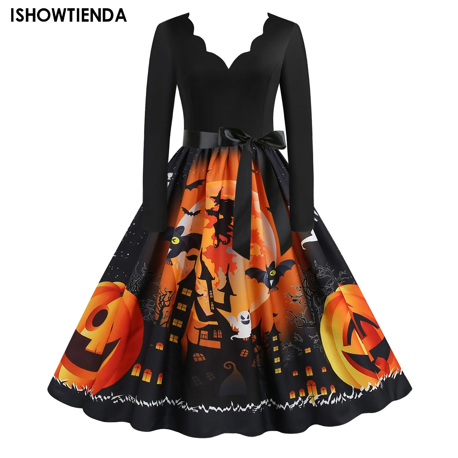 

2023 Scary Costumes Women Halloween Party Dress Long Sleeve V Neck Skull Print Black Gothic Pinup Vintage Dresses Nightmare