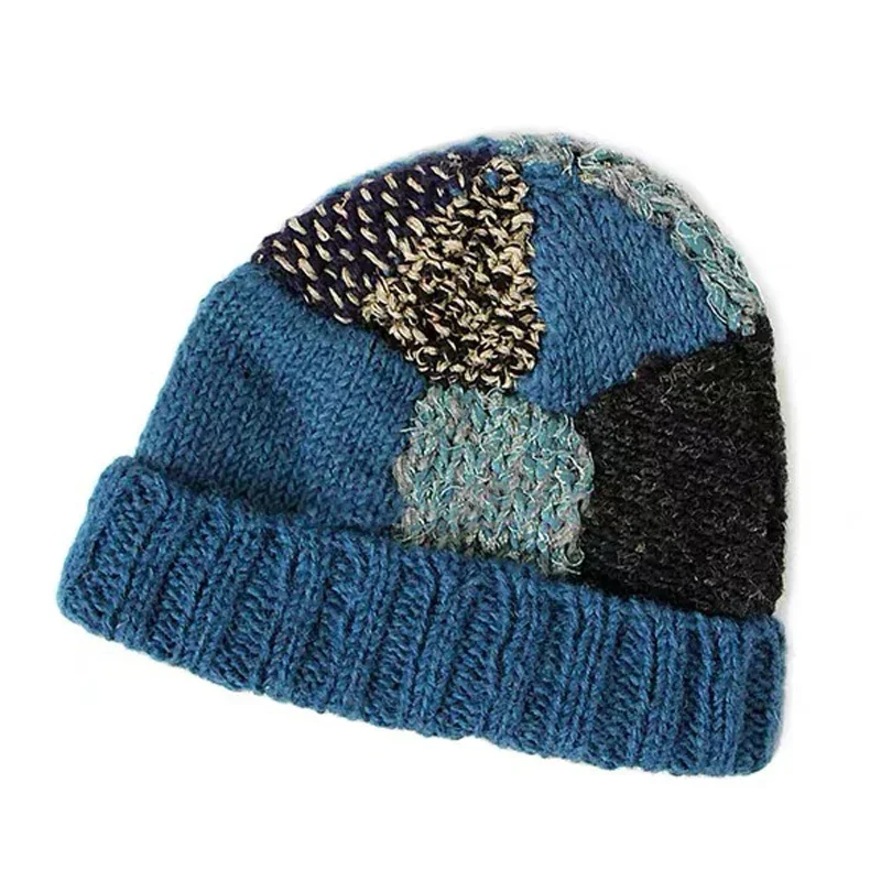 

Kapital Japan Casual Handmade Men's and Women's Knitted Wool Blended Retro Stitching Geometric Color Block Adjustable Warm Hat