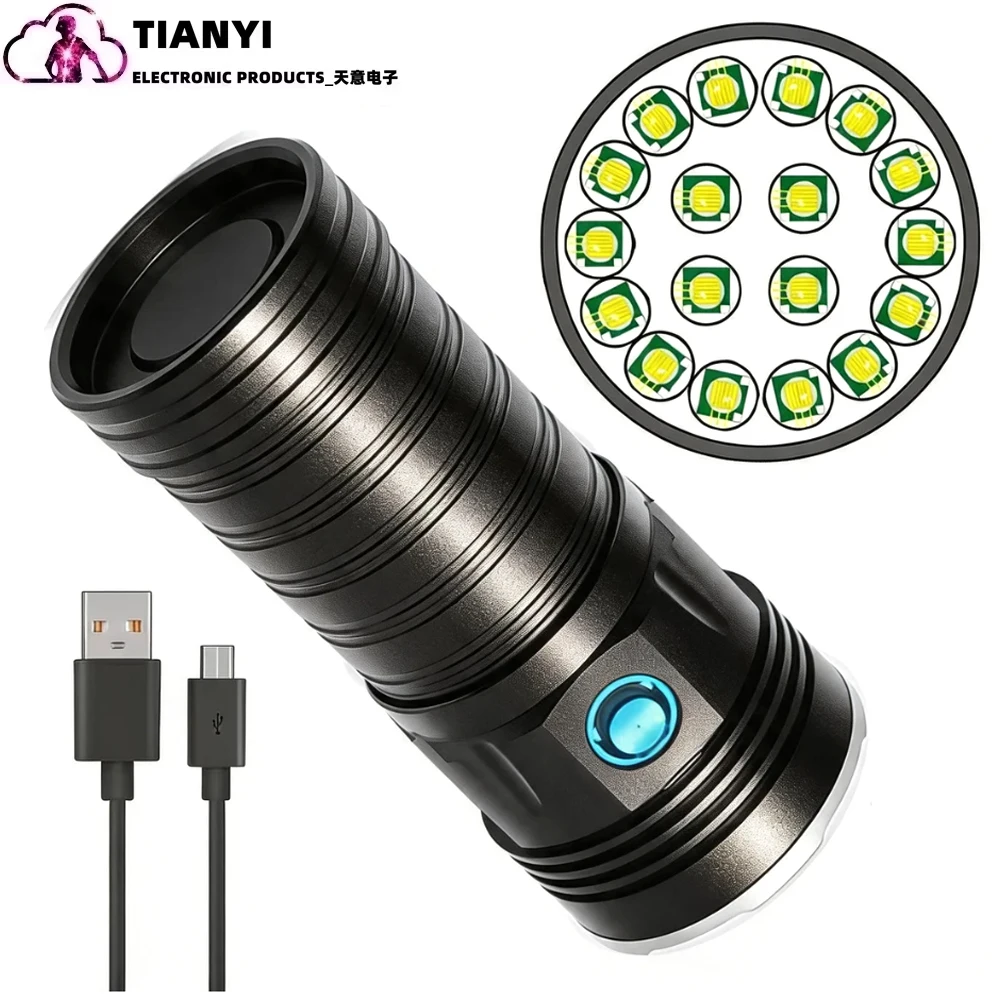 고출력 T6 손전등 18 LED 밝은 조명 USB 충전식(4 X 18650 리튬 이온 배터리 포함) 알루미늄 합금 방수