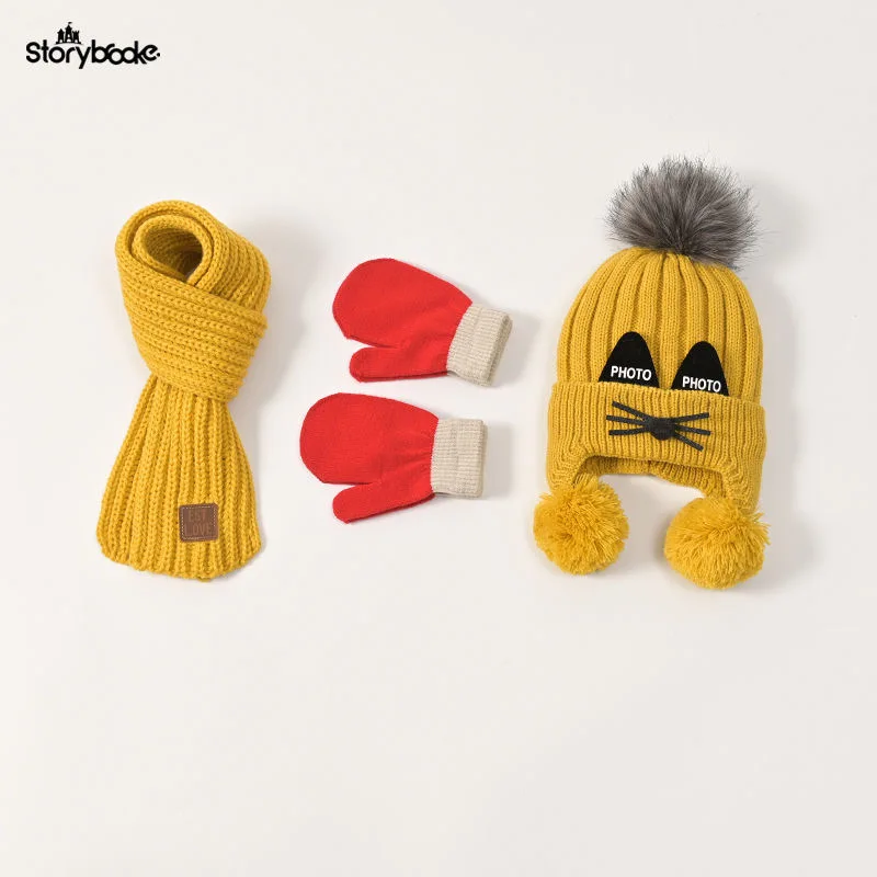 Hat scarf gloves Baby hat scarf gloves three-piece set Autumn/winter children's woolen hat boy/girl cartoon cat beard