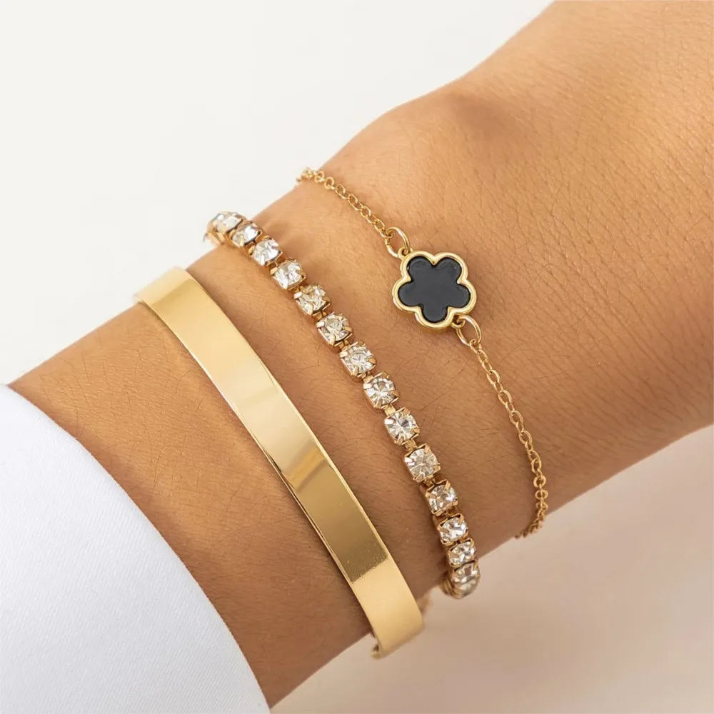 3pcs/Set Fashable Rhinestone Clover Pendant Bracelet Set for Women Golden-Tone Geometric Smooth Bangle Party Jewelry Gifts