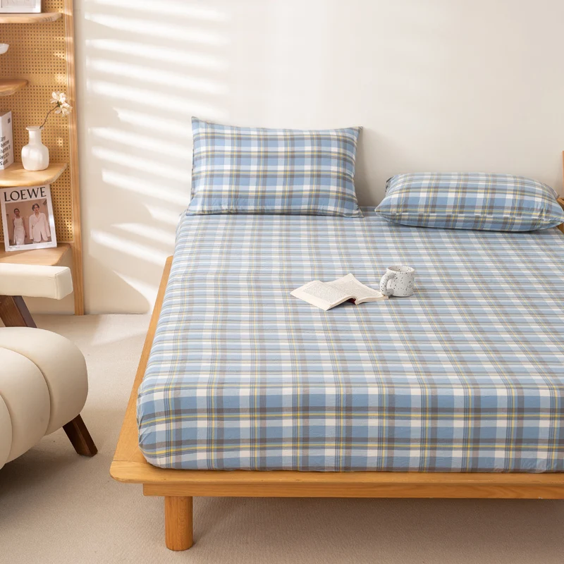 Mattress cover Japanese Style 100% Cotton Woven Fitted Bed Sheet With Elastic Couple Bed Linen Single Bedding Queen King Size 3