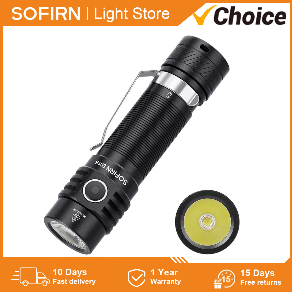 Sofirn SC18 1800lm EDC Flashlight USB C Rechargeable SST40 LED 18650 Torch TIR Optics Lens Lantern with Power indicator
