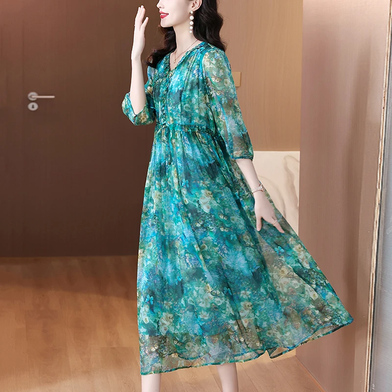 فستان طويل حريري مزهر ، فستان كاجوال كلاسيكي ، فست...