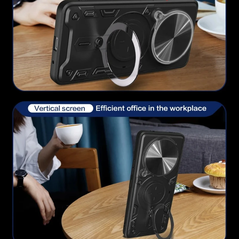 Heavy Duty Shockproof Armor Case with Magnetic Ring Holder and Slide Lens Protection