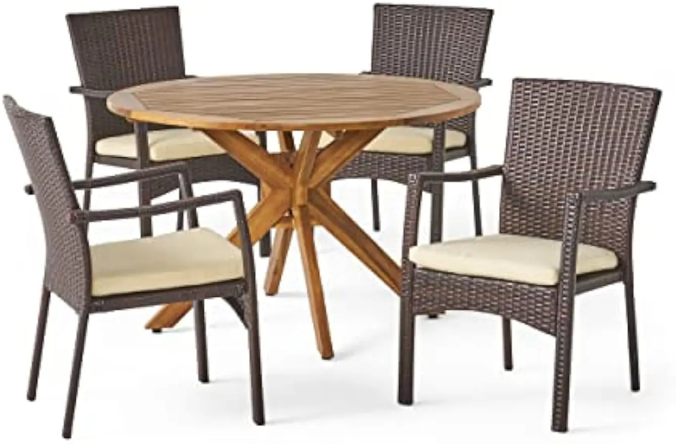 

Уличный Плетеный обеденный набор Stamford с круглым столом из дерева акации и водонепроницаемыми подушками, набор из 5 предметов, коричневая отделка из тикового дерева