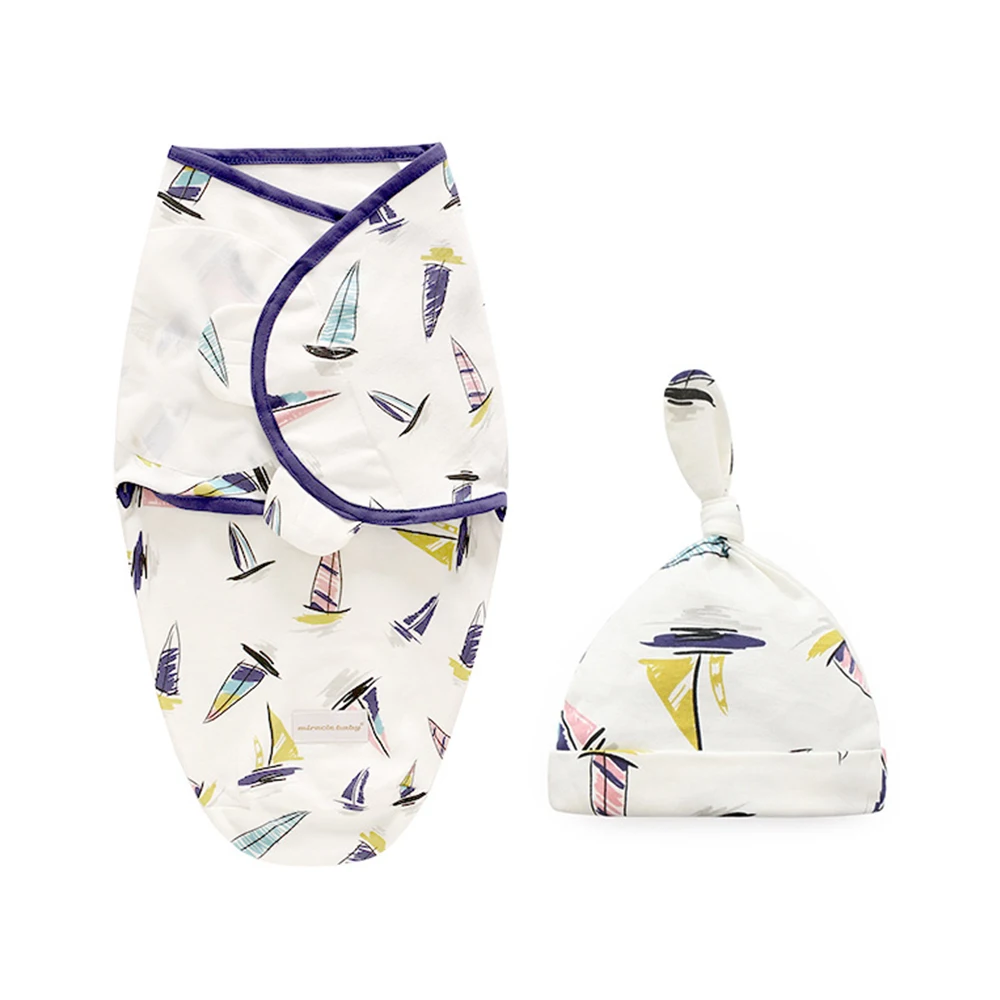 Insular Soft Baby Swaddle Muslin Blanket Printed by Cute Animal and Zipper Wrap Swaddling Blanket + Hats Set 2