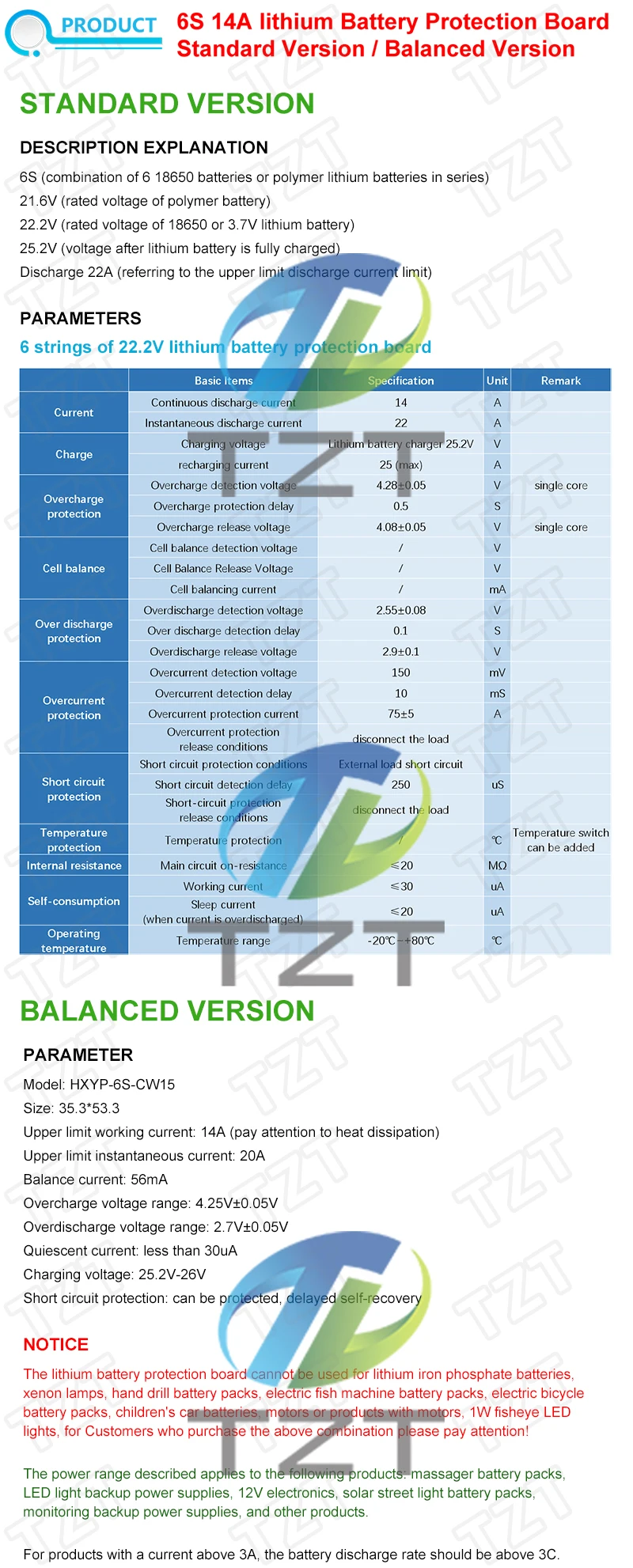 TZT 6S 22,2V 25,2V 14A 20A 18650 Li-Ionen-Lithium-Batterie-Ladeschutzplatine mit ausgewogenem PCB BMS 6er-Zellenmodul – Detail 2
