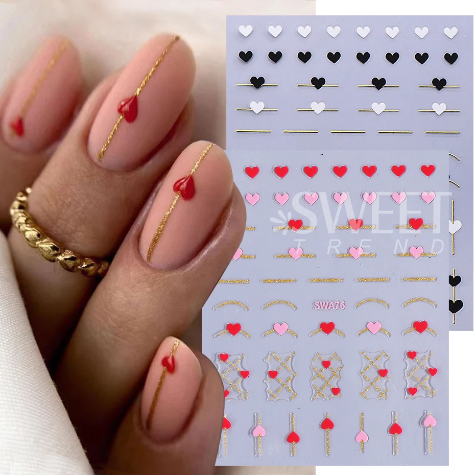 4pcs Black White Red Love Heart Nail Sticker Simple French Lines Star Love Adhesive Decal Valentine Design Manicure Decor Slider