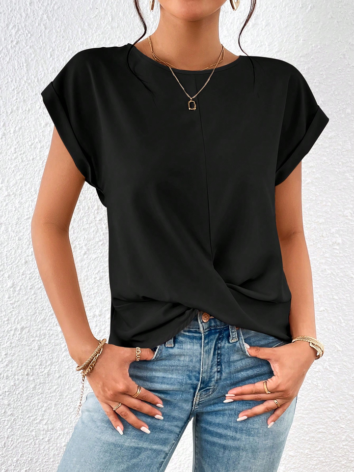 A solid color round-neck T-shirt with an irregular hem and an elegant short-sleeved top for women in spring and summer