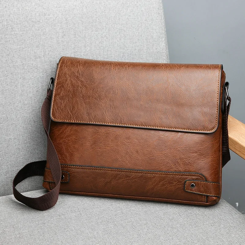 Men's Solid Color Retro Leather Shoulder Bag, Casual Business Crossbody BagS Horizontal A4 Paper Travel Bag Briefcase Laptop Bag