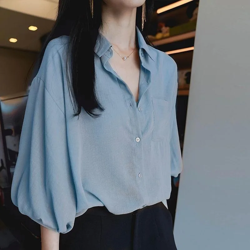 

Retro Loose Blouse Women Korean Chiffon Half Sleeve Lantern Sleeve Tops Fashion Solid POLO Shirt Casual Breathable Soft Female