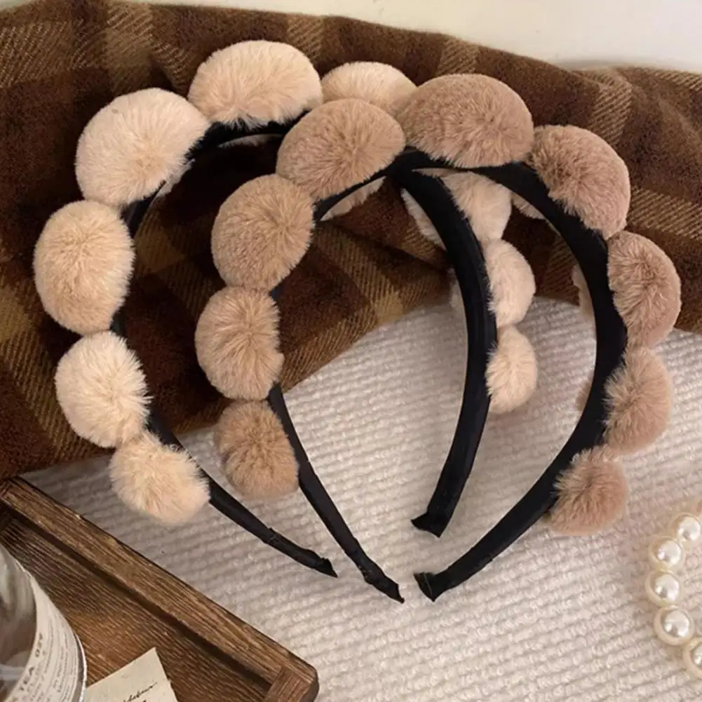 

Cute Hairband Plush Ball Decor Women's Hairband Retro Soft Head Hoop for Washing Face Anti-slip Elastic Hair Accessories Retro