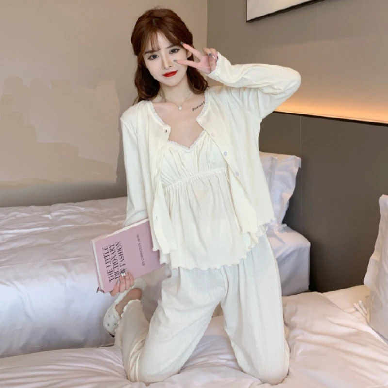 

3 шт. кардиган + кофта + брюки летний женский пижамный комплект однотонный корейский стиль мужской костюм с длинным рукавом весенняя пижама костюм для женщин