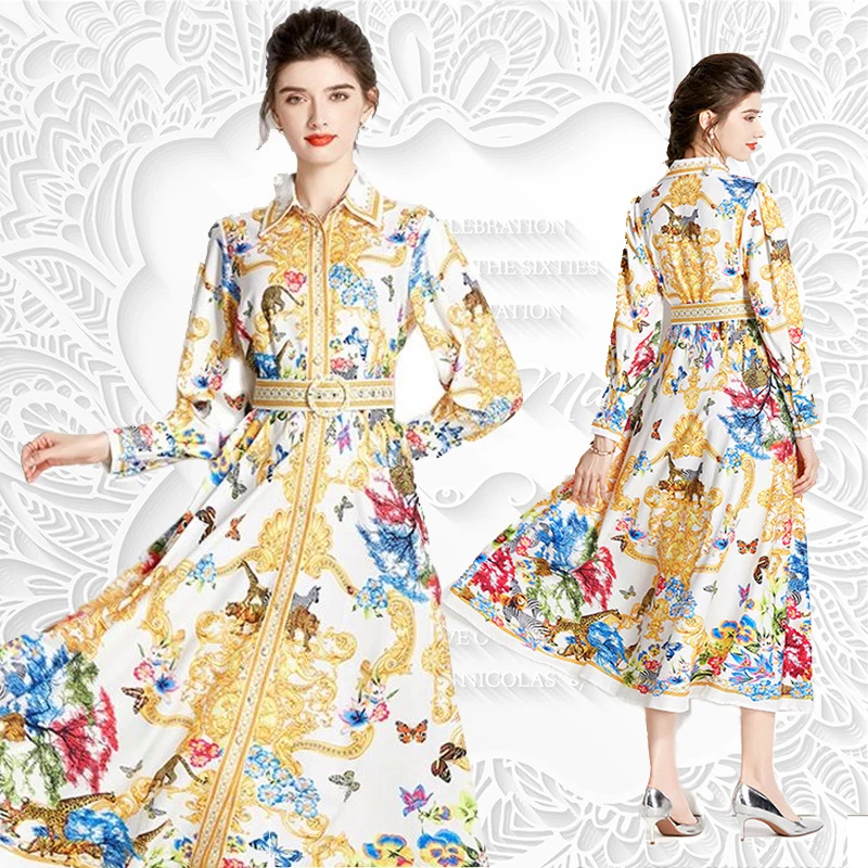 

Spring Summer Women Printing Design Leisure Vintage Holiday Beach Belt Dress Temperament High Quality Long Dress