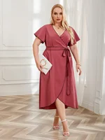 Plus Size Short Sleeve V Neck Dress With Waist Belt Plus Size color: Pink