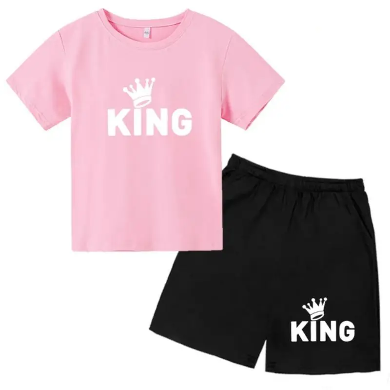 thumbnail image 1 of Conjunto de 2 piezas de camiseta y pantalones cortos con estampado de letras para niños y adolescentes de verano de 4 a 14 años, ropa informal de manga corta para niños y niñas, 1 of 5