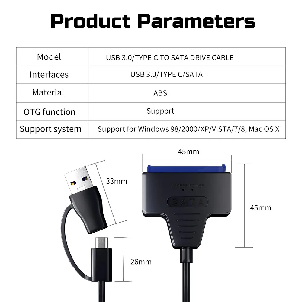 USB 3.0-SATA 케이블, USB-SATA III 드라이버 케이블, 6Gbps 지지대, 2.5 인치 HDD SSD 하드 드라이브, 22 핀 어댑터