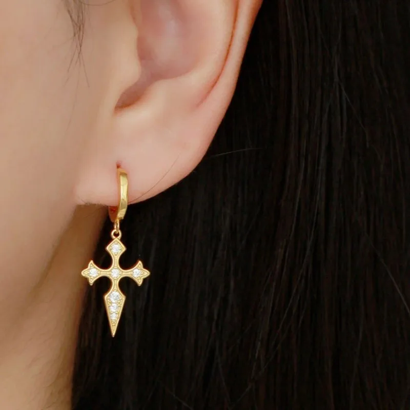 Silver Color Rhinestone Cross Pendant Hoop Earrings for Women Men Awesome Hiphop Earring Party Jewelry Gifts Wholesale