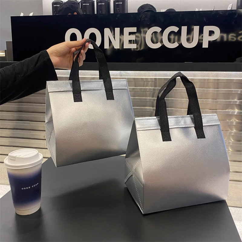 StoBag 10pcs Sliver Non-woven Insulation Tote Bag Portable Fabric for Food Drinks Package Keep Warm Cold Delivery Reusable Pouch 3