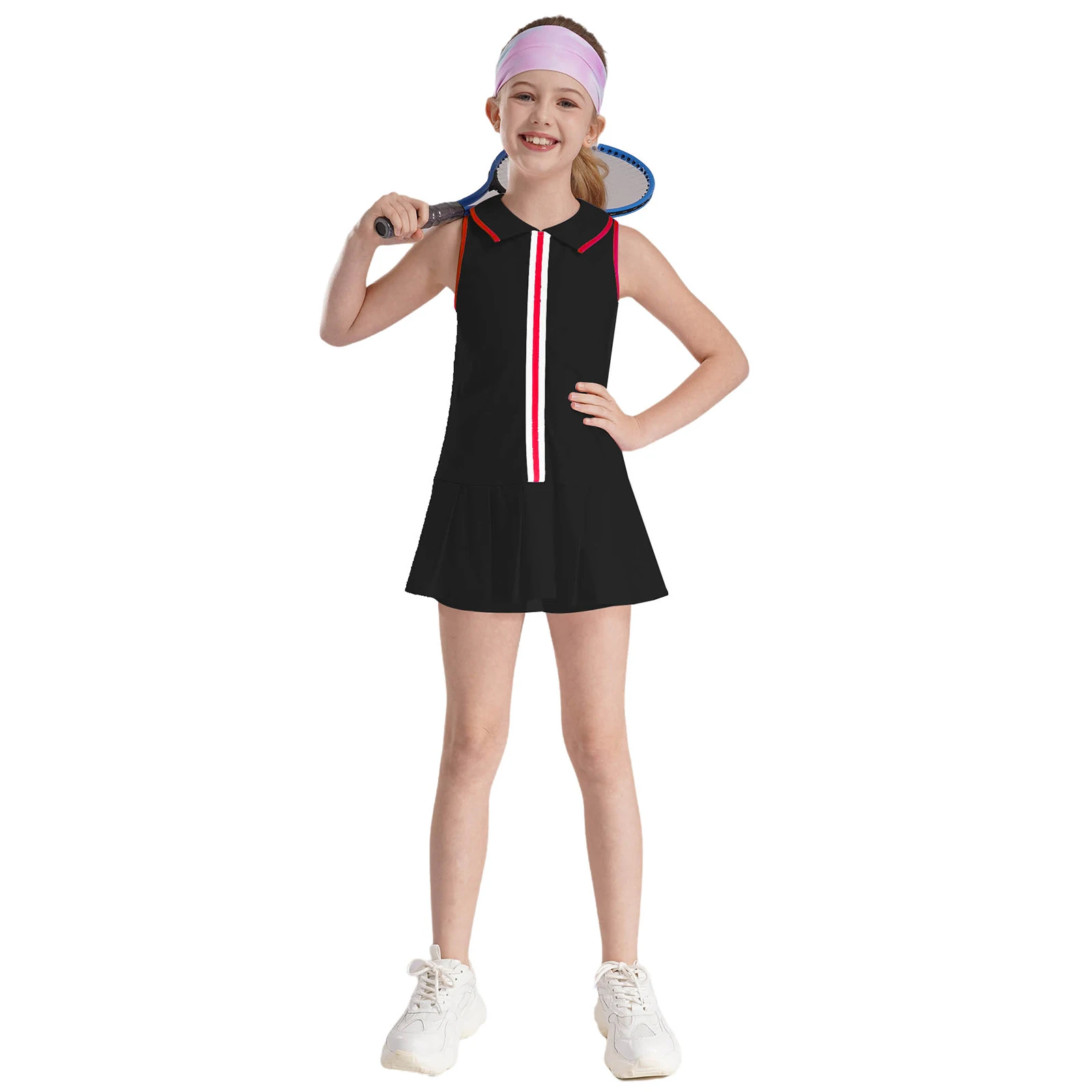 Kids Tennis Dress For Girls Turn-Down Collar Sleeveless Pleated Dresses With Shorts For Sports Cheerleading Badminton Golf Dress