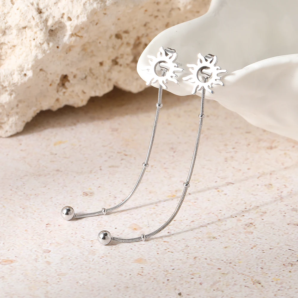 stud earrings long earrings Stainless Steel Classic Sun Totem Long Snake Beads Chain Stud Earrings For Women Jewelry Fashion Popular Friend Gifts
