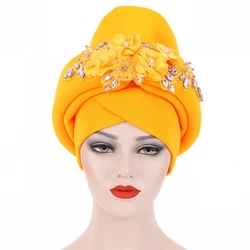 Ready African Auto Gele Headtie Diamonds Women's Turban Cap Nigeria Wedding Geles Muslim Head Wraps Bonnet Turbante Mujer 2023