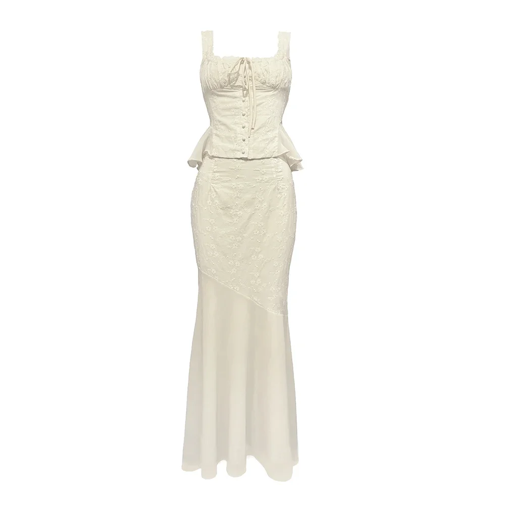 Minigmingxi 2024 New in Summer 2 Piece Dress Set Elegant and Beautiful Dresses Set Beige Long Matching Set Sexy Mermaid Skirt 6