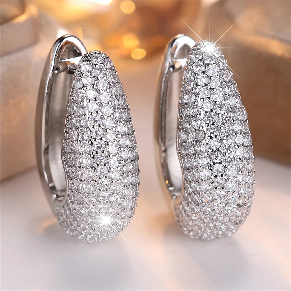 White Zircon Full Stone U Shaped Hoop Earrings For Women Vintage Gold Silver Color Ear Buckle Wedding Jewelry Versatile Gifts