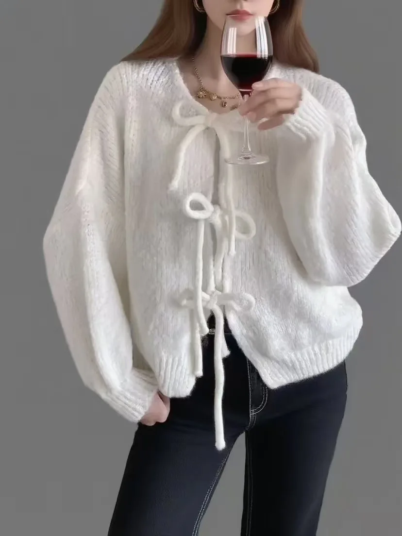 European American Herbst Winter Neue Einfarbig Rundhals Casual Lace-up Strickjacke Mantel Einfache Pullover – Detail 8