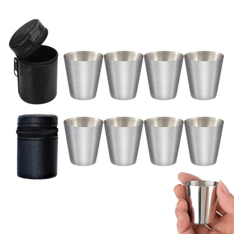 Polished 30Ml Mini Stainless Steel Shot Glass Cup Drinking Wine Glasses With Leather Cover Bag For Home Kitchen Bar
