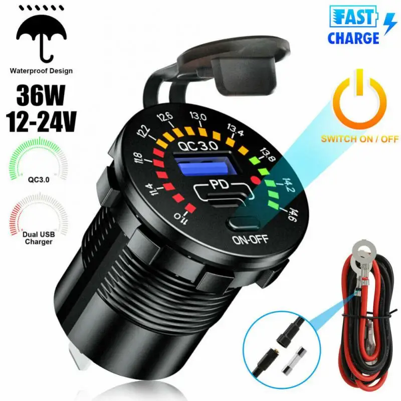 Ursuniot 차량용 듀얼 USB QC3.0 충전기, 12V 오토바이 USB 콘센트, 빠른 충전 전원 소켓, 다채로운 디지털 전압계 포함, 36W