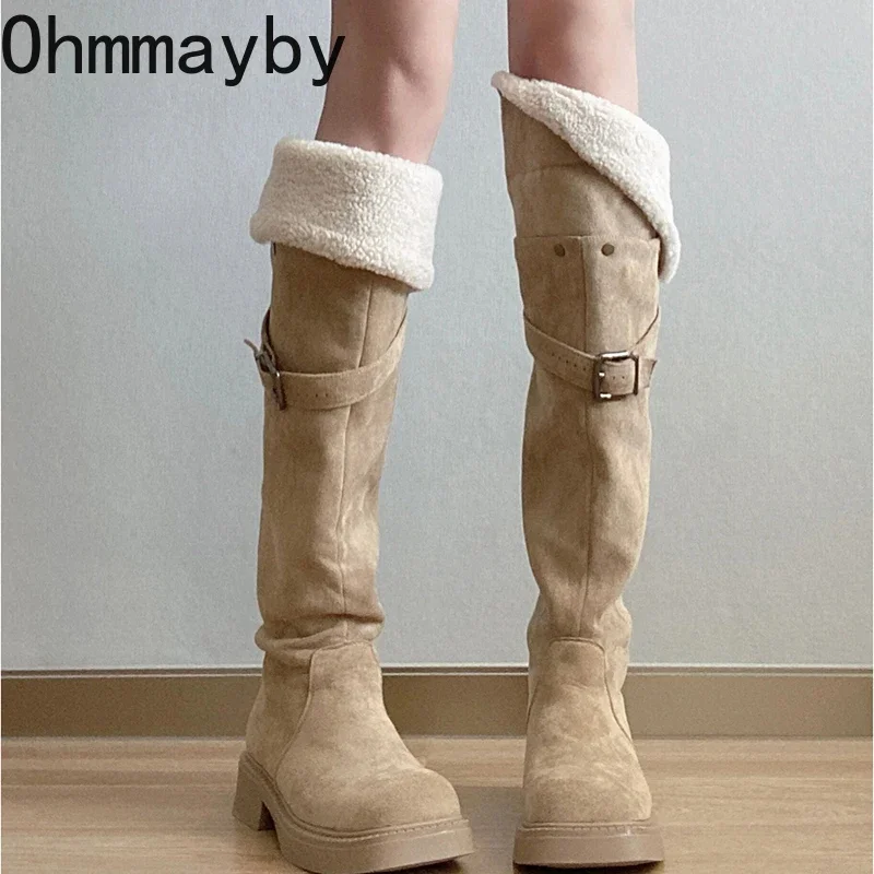 

Winter Warm Fur Women High Boots Fashion Slip On Ladies Elegant Thick Low Heel Long Booties Winter Street Style Women's Booties