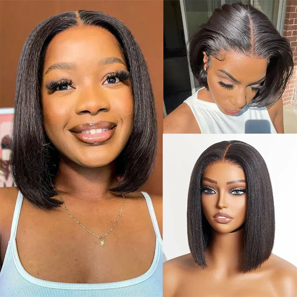 Wear And Go Glueless Wigs Bob Wig 12A Human Hair Wigs For Women Kinky Straight Lace Front Ready To Go Yaki Straight Wig180%